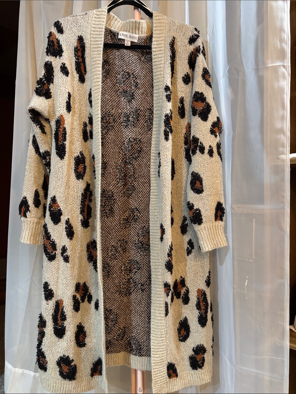 Knox Rose Cream Leopard Print Long Open-Front Cardigan with Black & Brown Spots